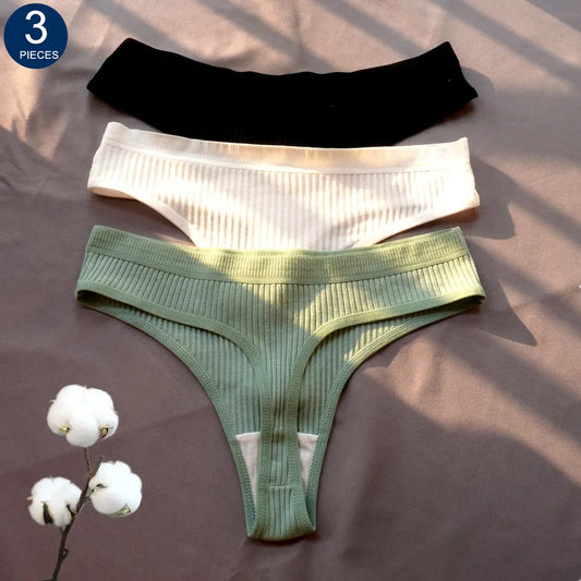3 Pcs - Ribbed Cotton Thongs Set